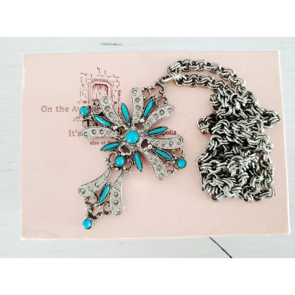 Vintage Silver-tone Faux Turquoise Cross Necklace